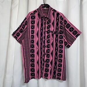 MISSING POLYNESIA Mens Aloha Shirt Pink Black Tribal‎ Size 2XL Hawaii Polynesian